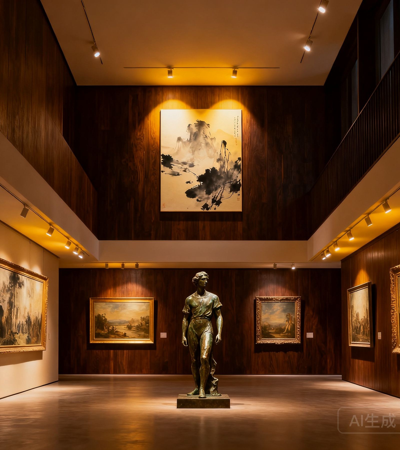 PA贵宾会上海外滩总部艺术展厅内部实景，挑高空间悬挂当代水墨与古典油画，暖色射灯照亮深色木质墙面，中央摆放一座青铜雕塑，整体氛围沉稳而雅致。
